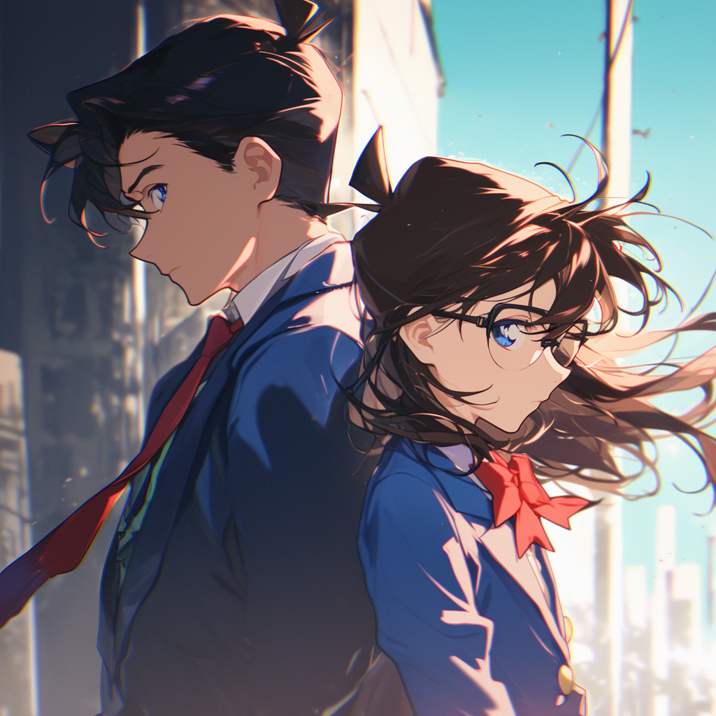 Young girl and adult man gaze thoughtfully, anime cityscape