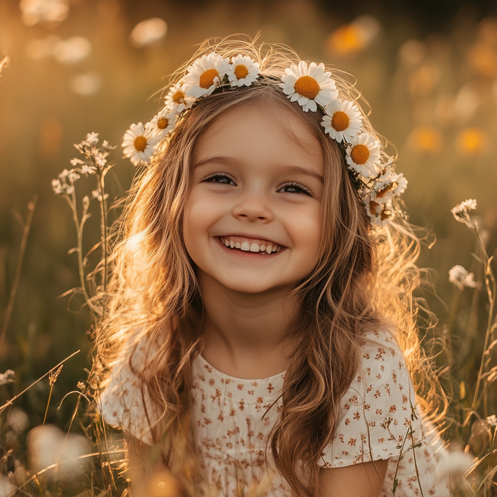 Young girl in meadow with flowers in hair, smiling.