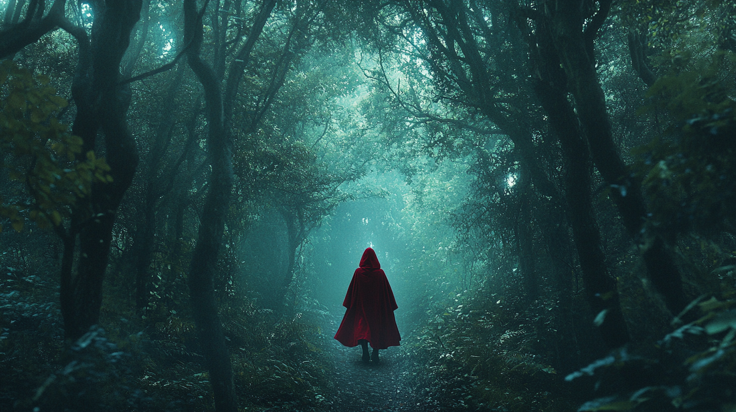 Young girl in red cloak cautiously walking through dark forest.