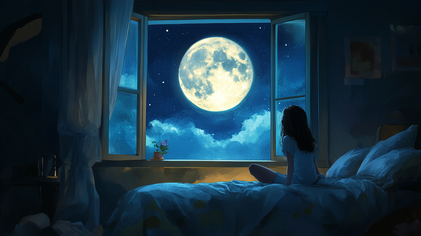 Young girl on bed, looking out window at moon.