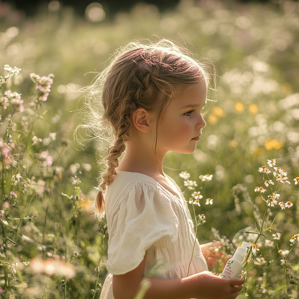 Young girl playing in sunlit field with wildflowers.