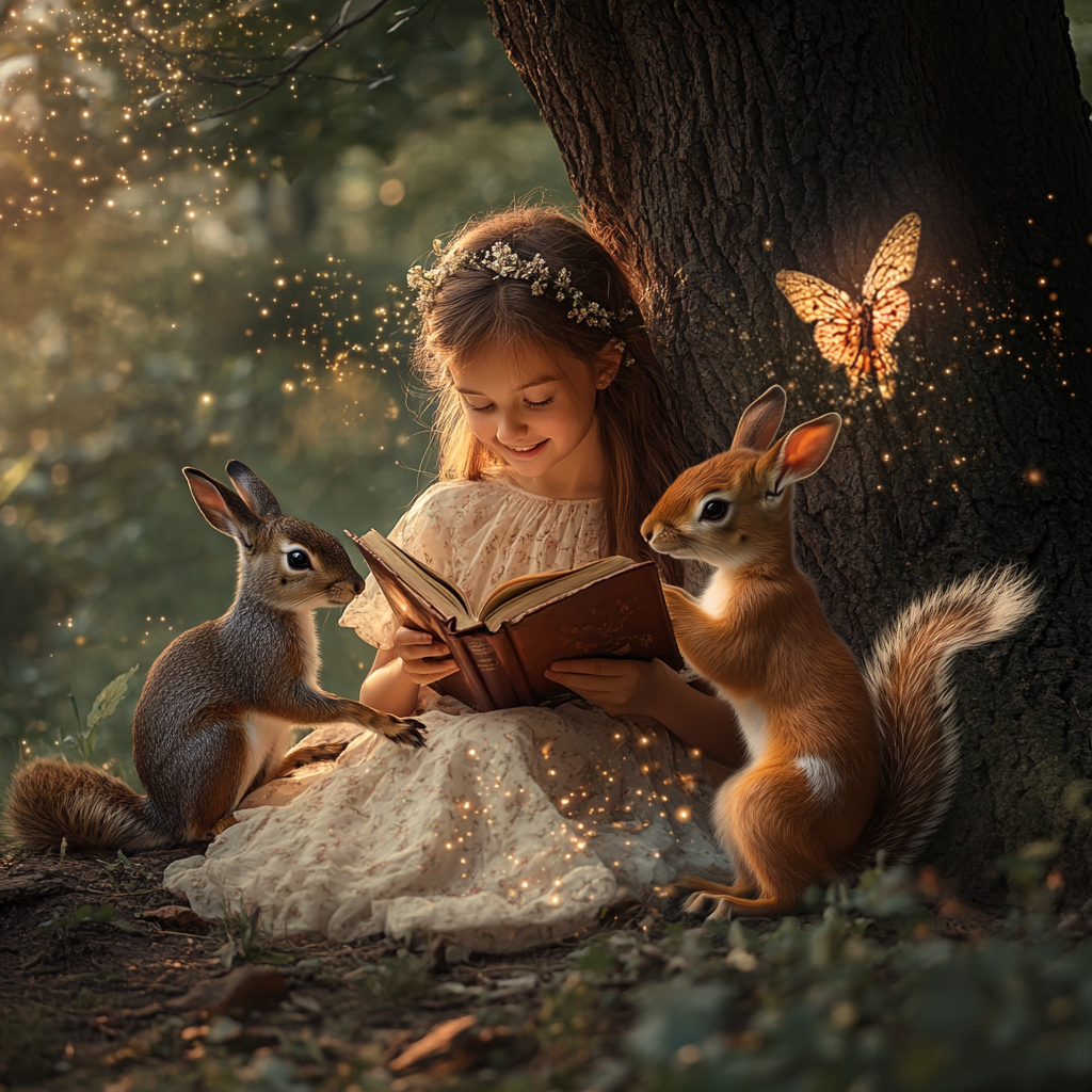 Young girl reading book under tree with forest friends