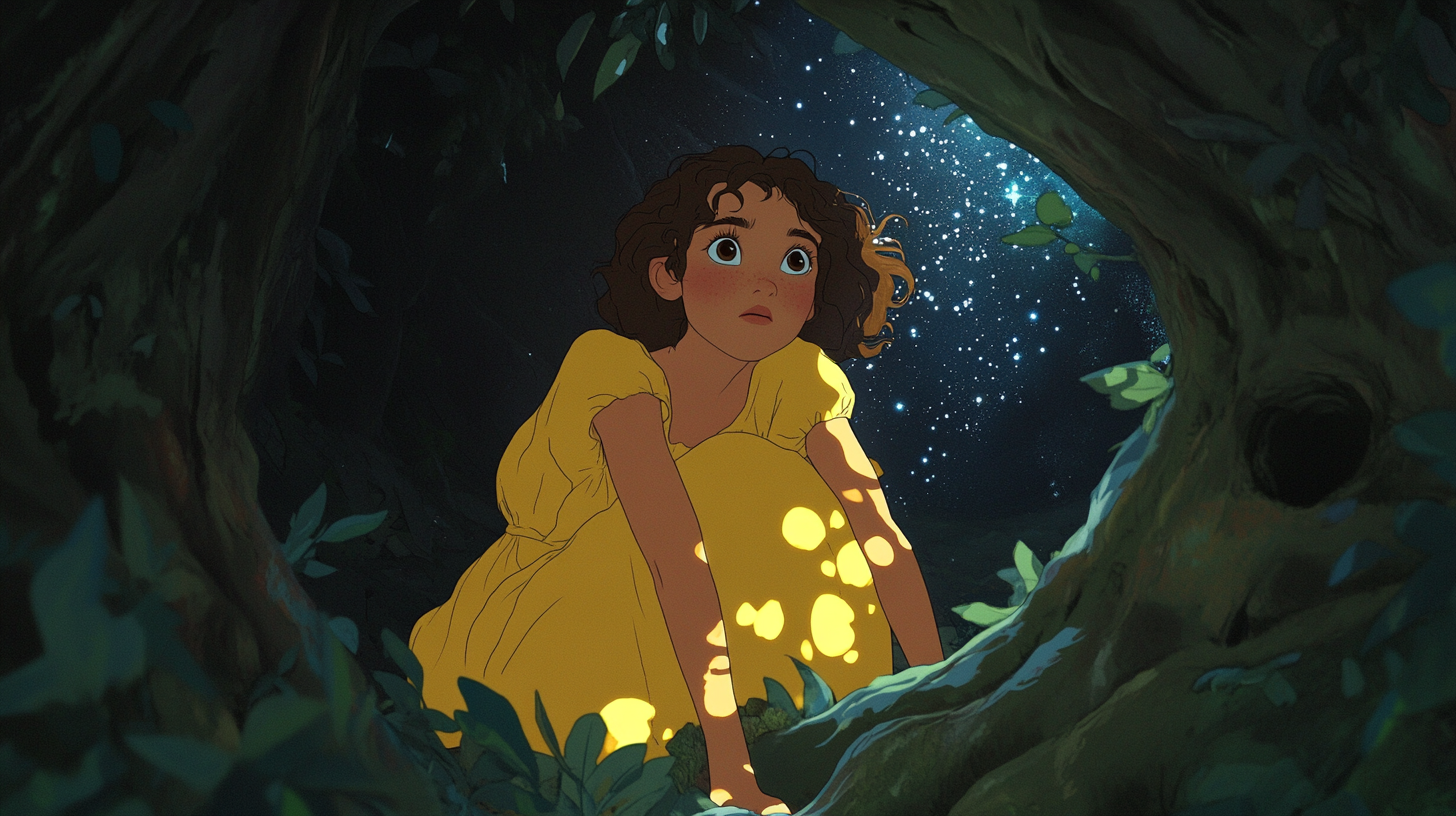 Young girl with brown curly hair in enclosed space, gazing at night sky.