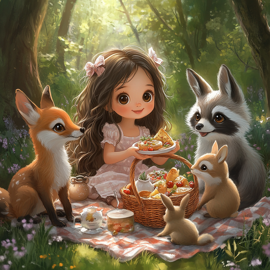 Young girl with friends, picnic in forest.