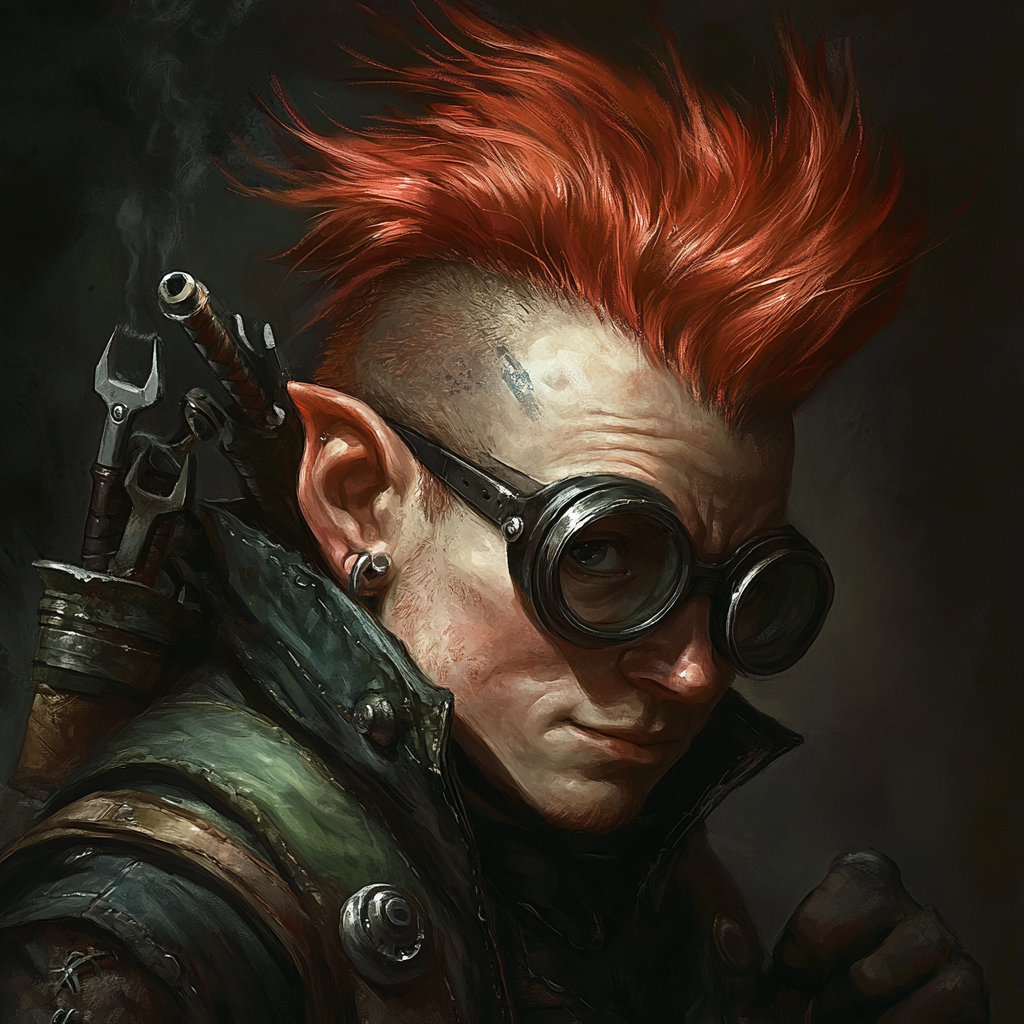 Young gnome wizard with red mohawk and dark tunic.