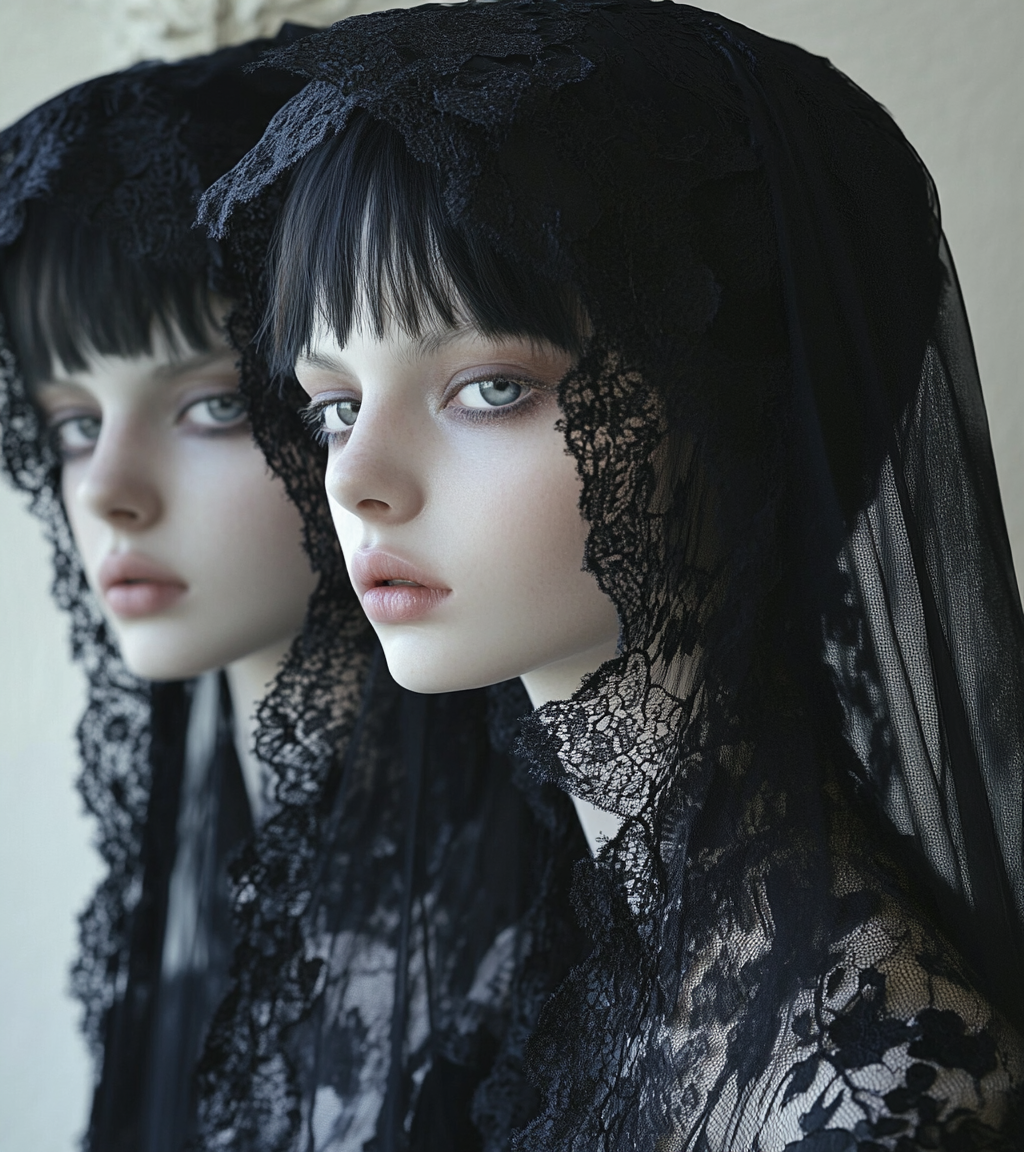 Young gothic woman in black lace, pale skin.