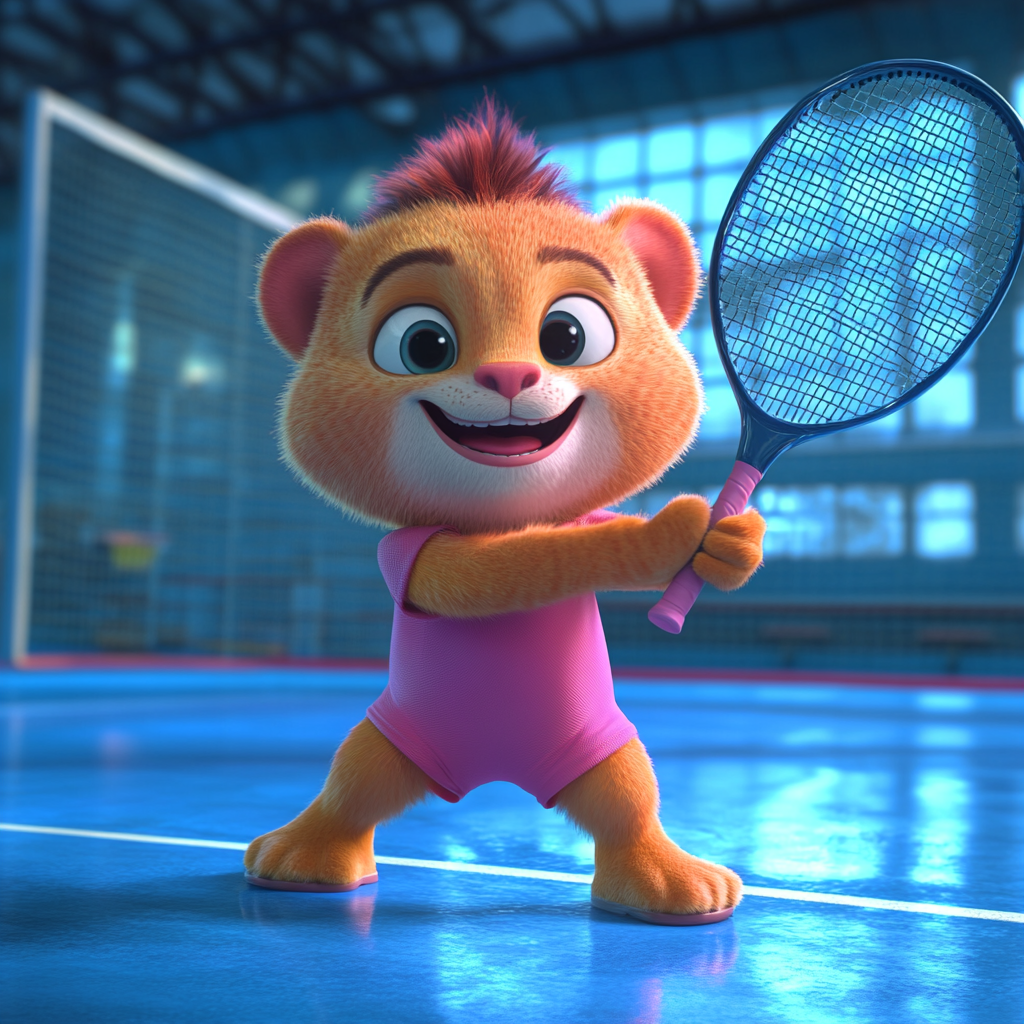 Young lion tennis player ready to play pádel. Pink shirt, blue floor, glass around court. Pixar-style animation, 3D, adorable 8K realism.