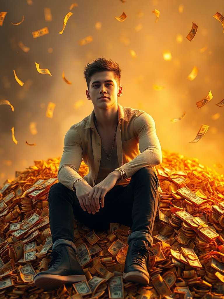 Young man, rich, sitting on pile of gold, money.