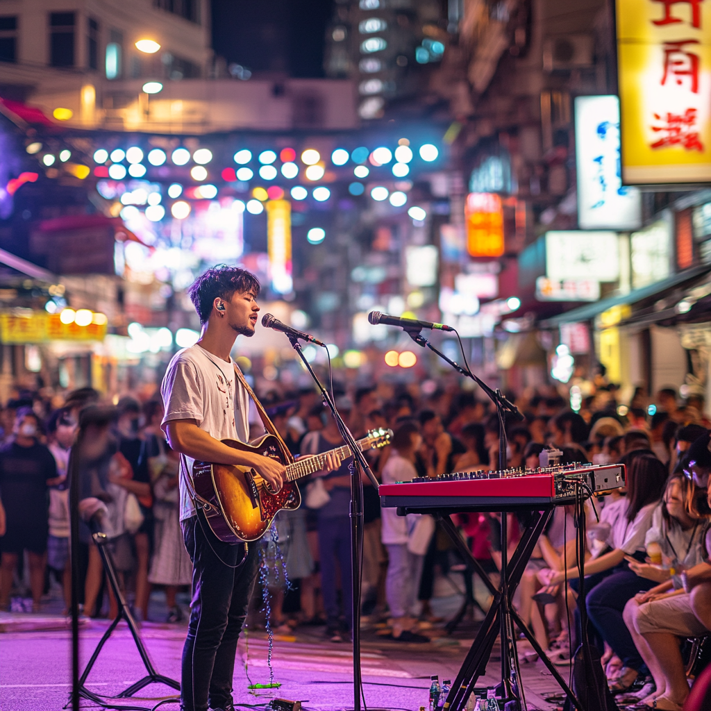 Young man and band performing at street event.