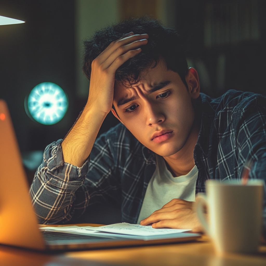 Young man at desk, tired and confused, struggling mentally.