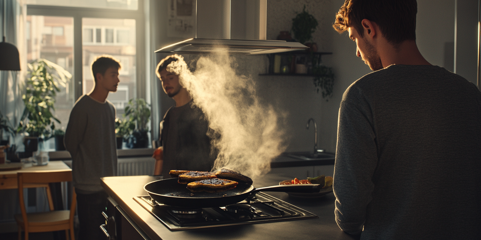 Young man burns sandwiches, awkward situation in kitchen.