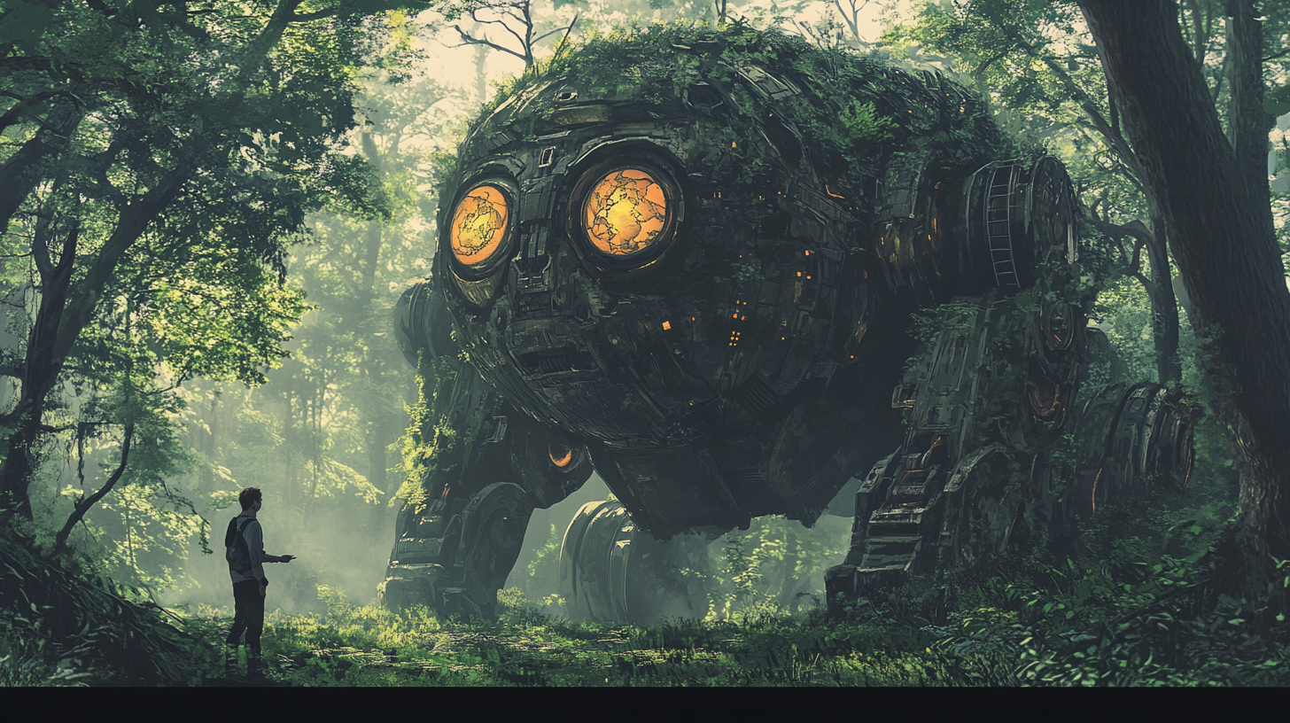 Young man discovers abandoned giant robot in forest.