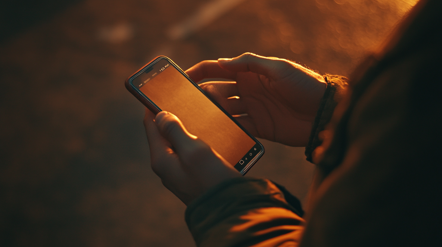 Young man holding phone, top view, mockup screen.