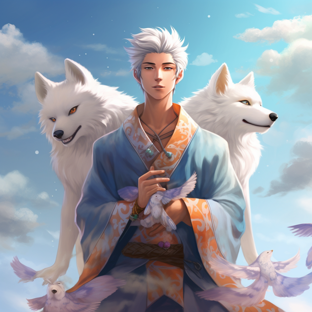 Young man in Japanese clothing with white foxes