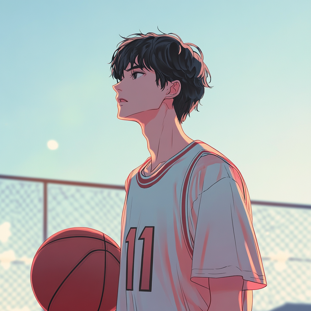 Young man in basketball jersey holding ball anime style.