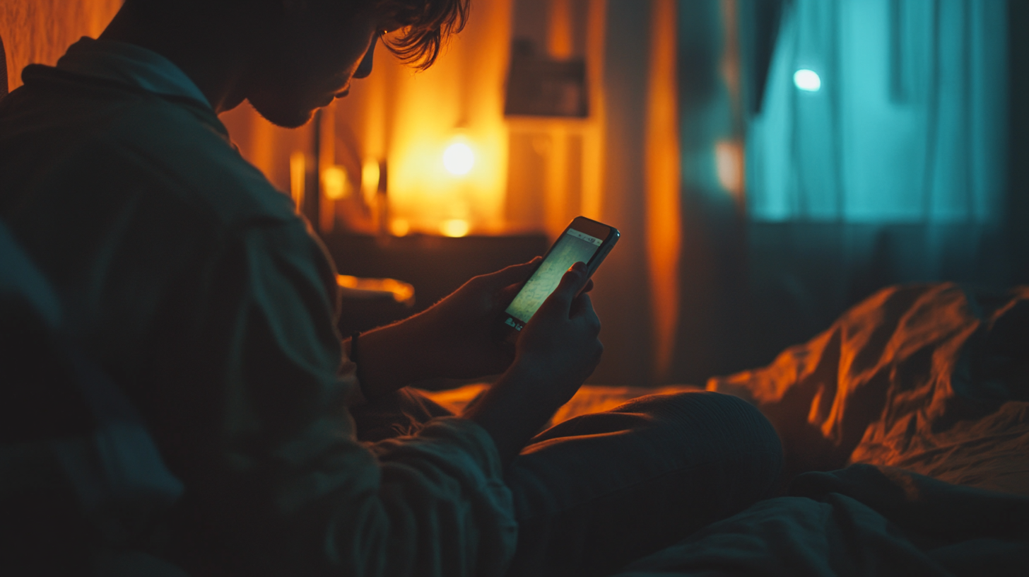 Young man in bedroom looking at phone screen closely.