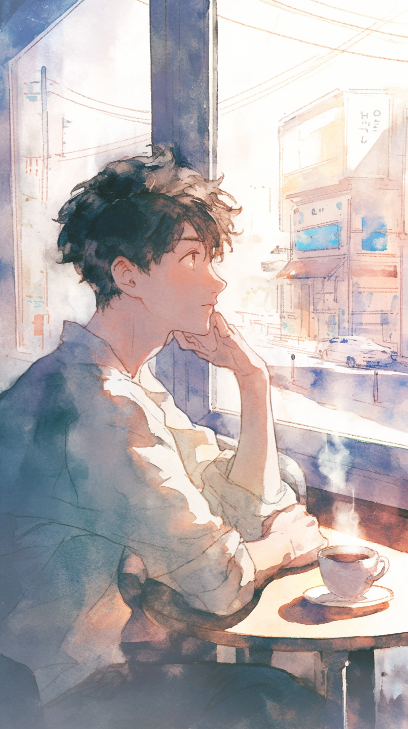 Young man in café, lost in thought, stirring coffee.