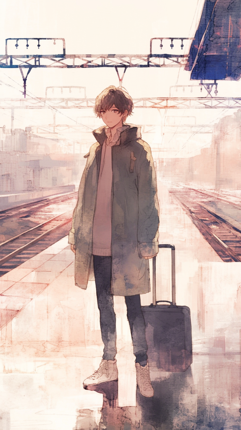 Young man in coat with suitcase at train station.