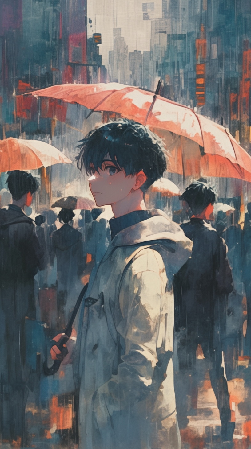 Young man in grey coat under umbrella in rain.