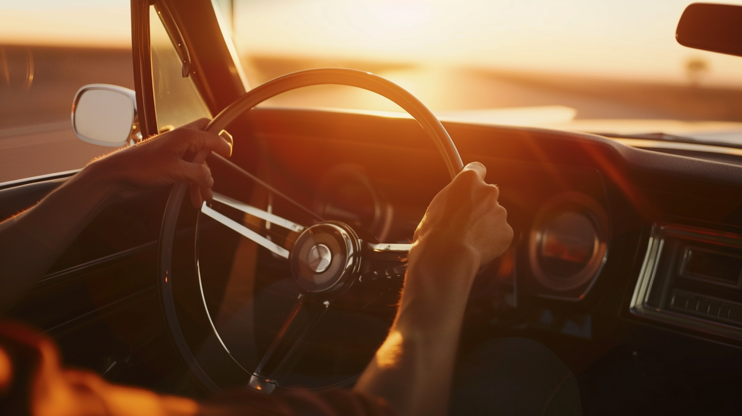 Young man in muscle car on sunset highway.