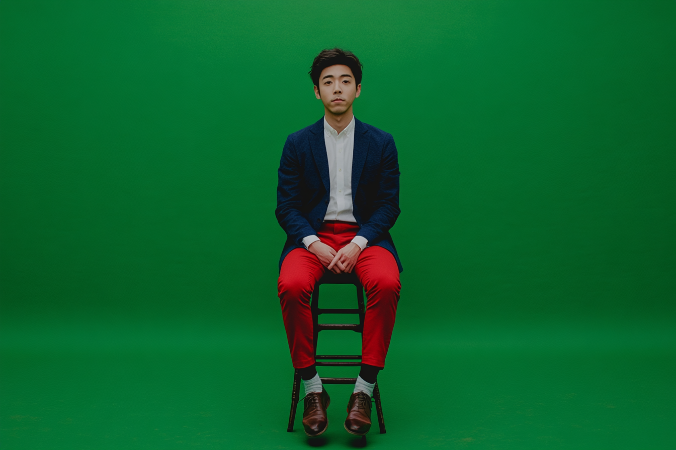 Young man in navy blazer on iron stool.