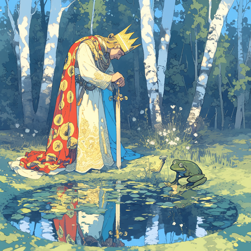 Young man in red robes with frog in forest.