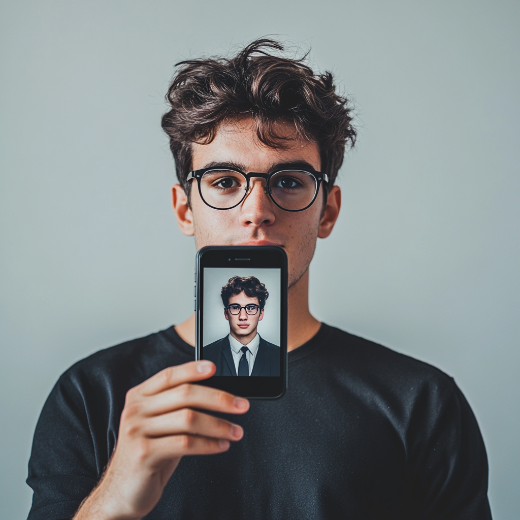 Young man in t-shirt, holding smartphone, seeing professional self.