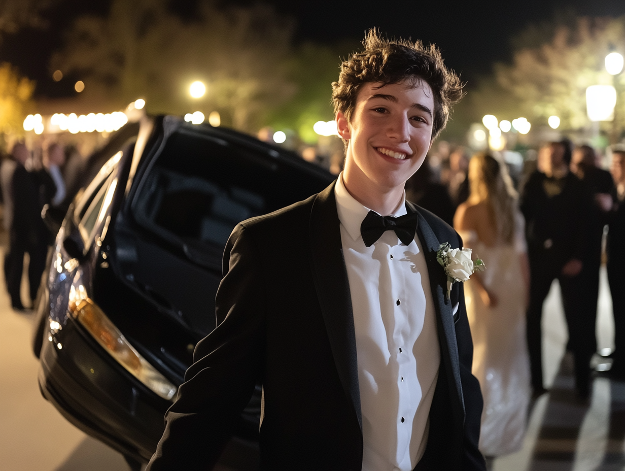 Young man in tuxedo holds hand-transport machine, smile.