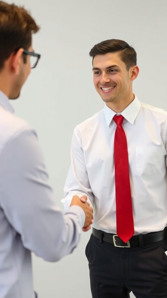 Young man in white shirt and red tie hired.