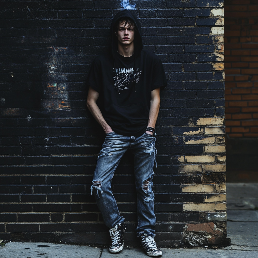 Young man in worn jeans and sneakers smokes cigarette.