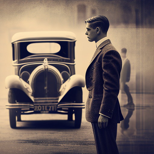 ALT Image Text: Elegant young man leaving past driving a vintage car