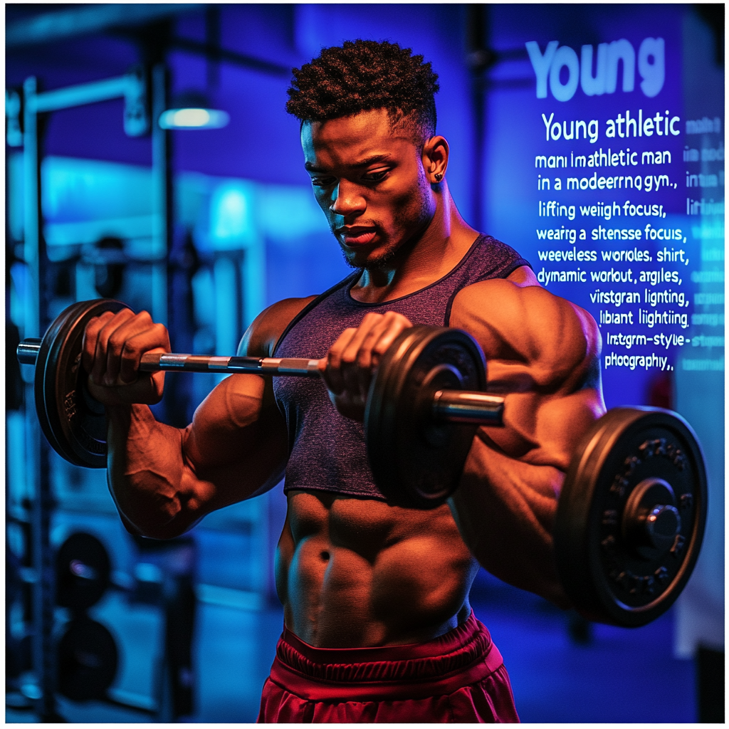 Young man lifting weights in modern gym, focused.