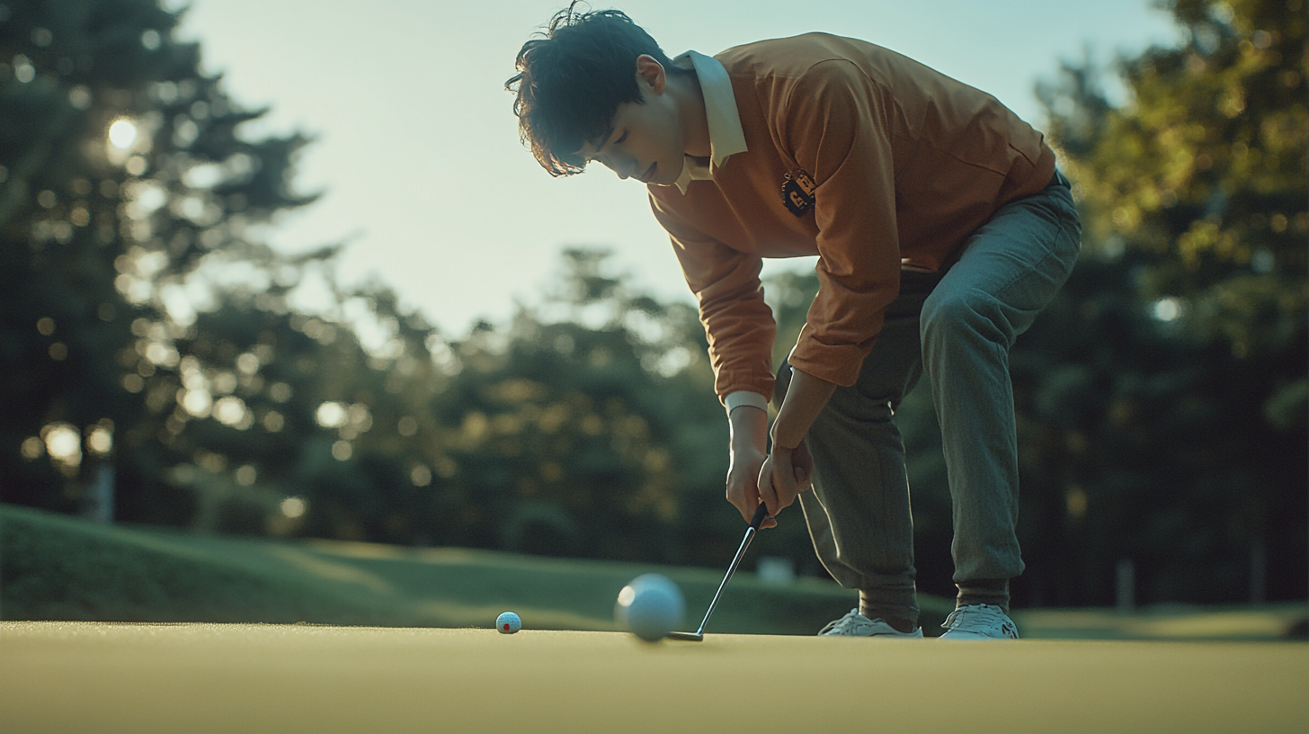 Young man playing golf in Korea with fun attitude.