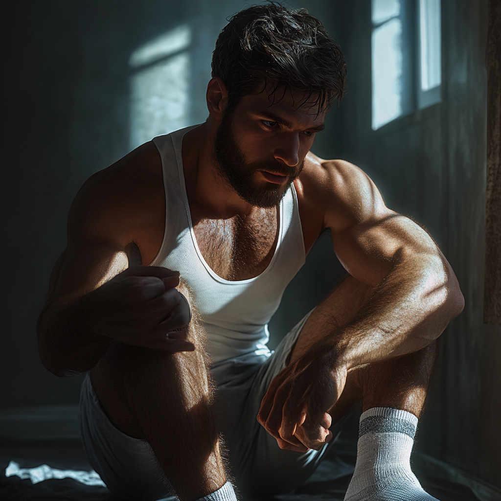 Young man putting on socks while watching and running.