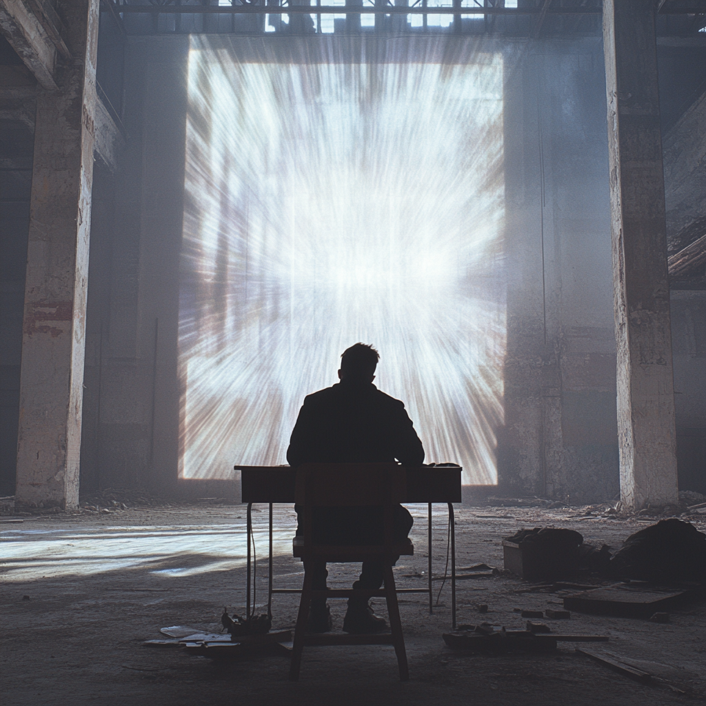 Young man sits at desk in abandoned grain facility.