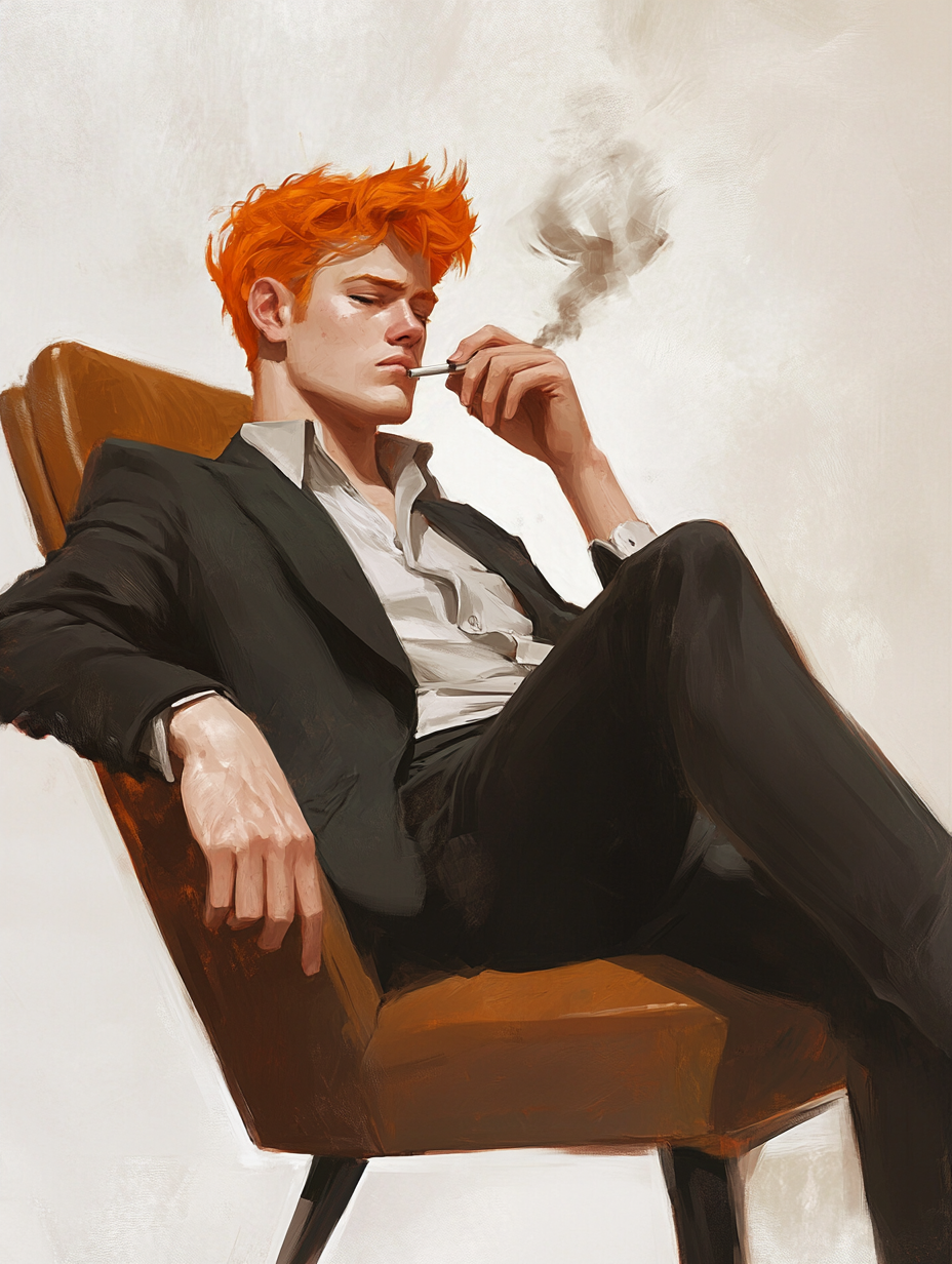 Young man sitting, smoking, has orange hair, rough appearance.