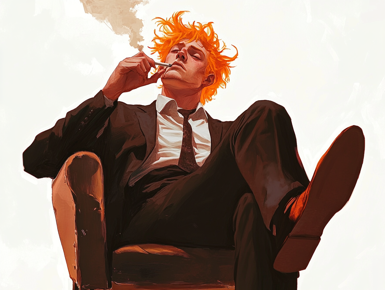 Young man sitting smoking cigarette, orange hair, rough appearance.