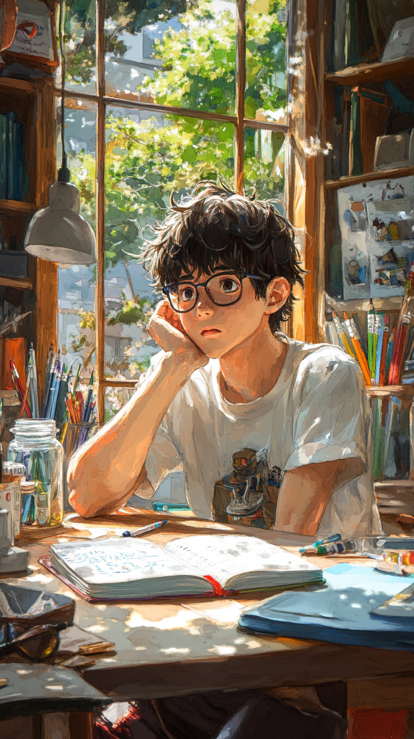 Young man with glasses thinking at cluttered desk.