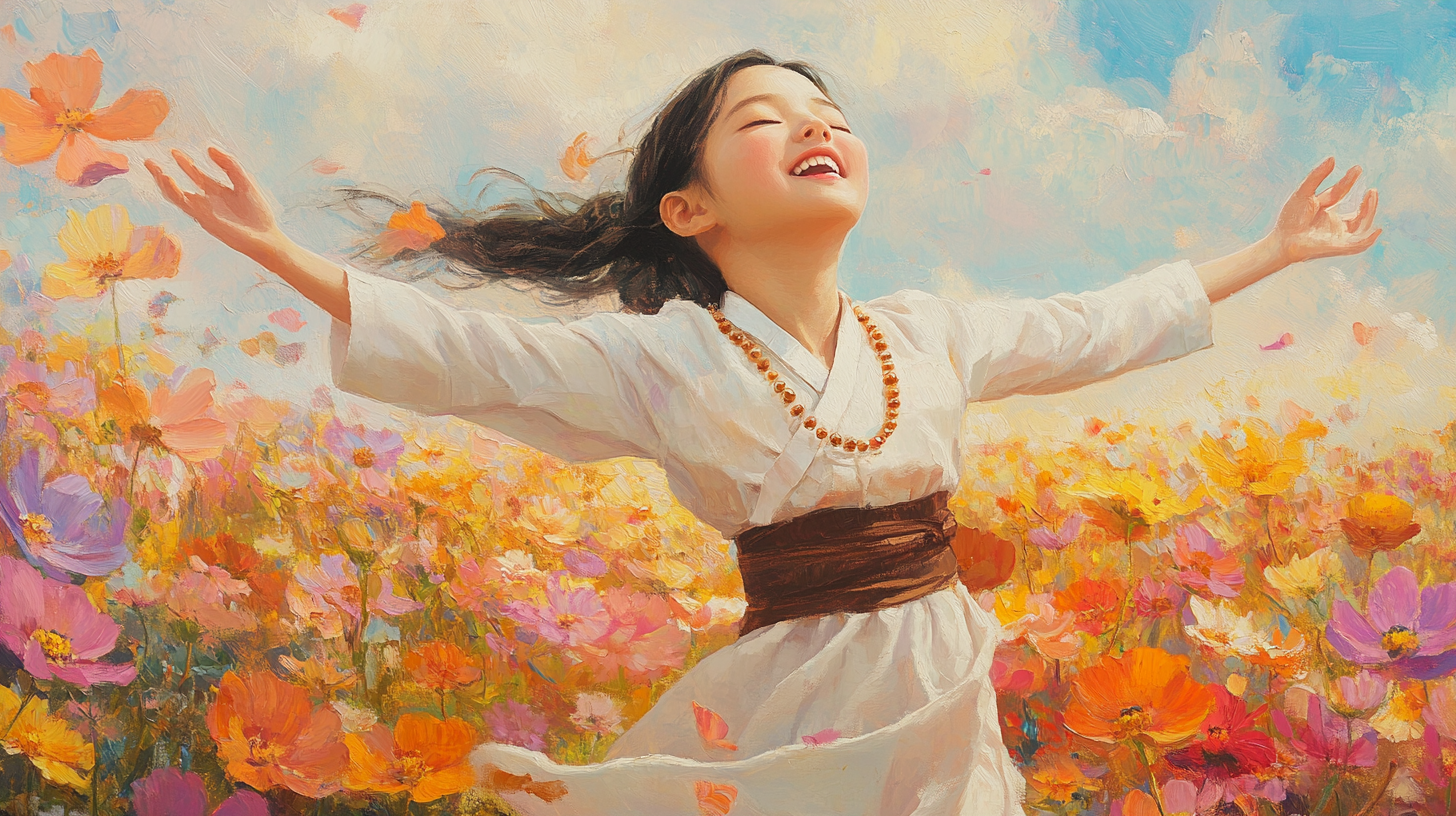 Young monk girl dances in flower field, eyes closed.