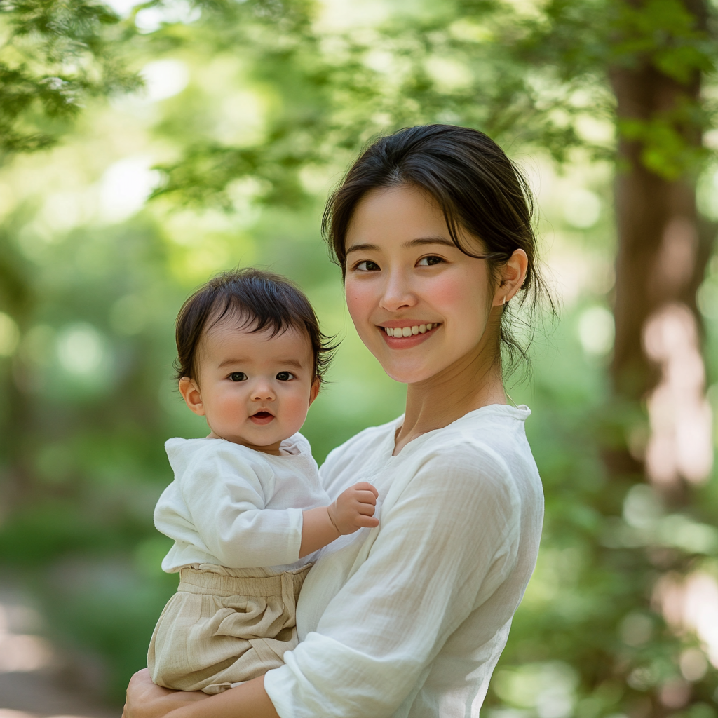 Young mother and baby smiling in park.