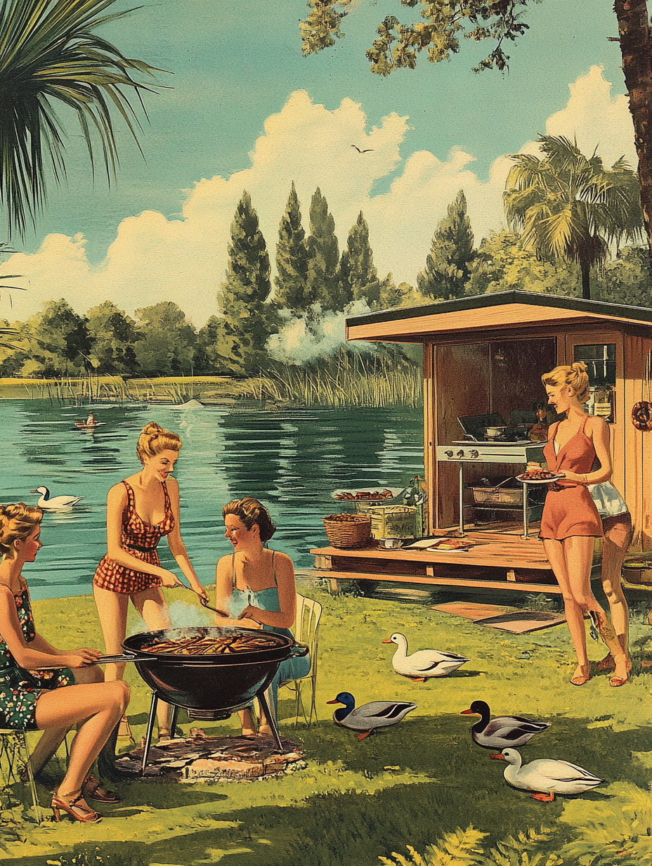 Young people BBQ near chalet by water with ducks.