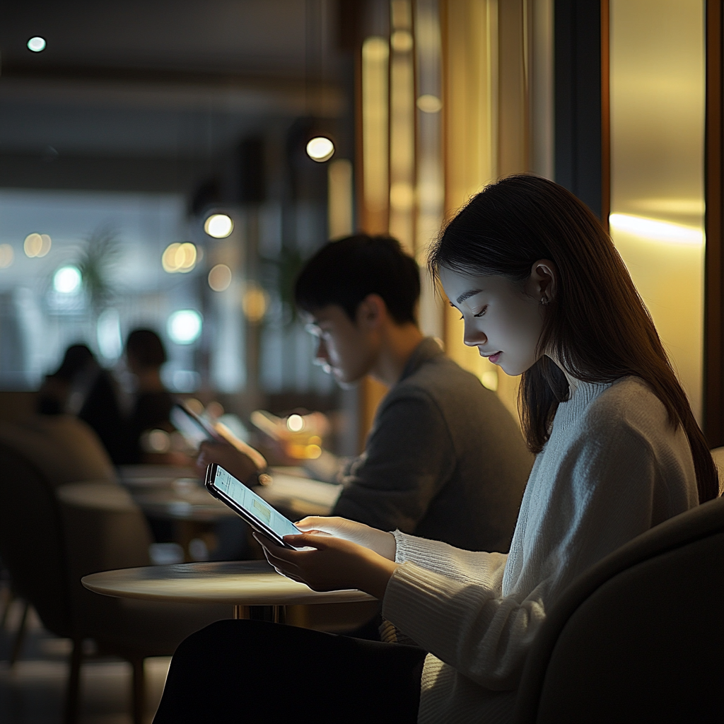 Young people confidently using high-end tech in stylish cafe.