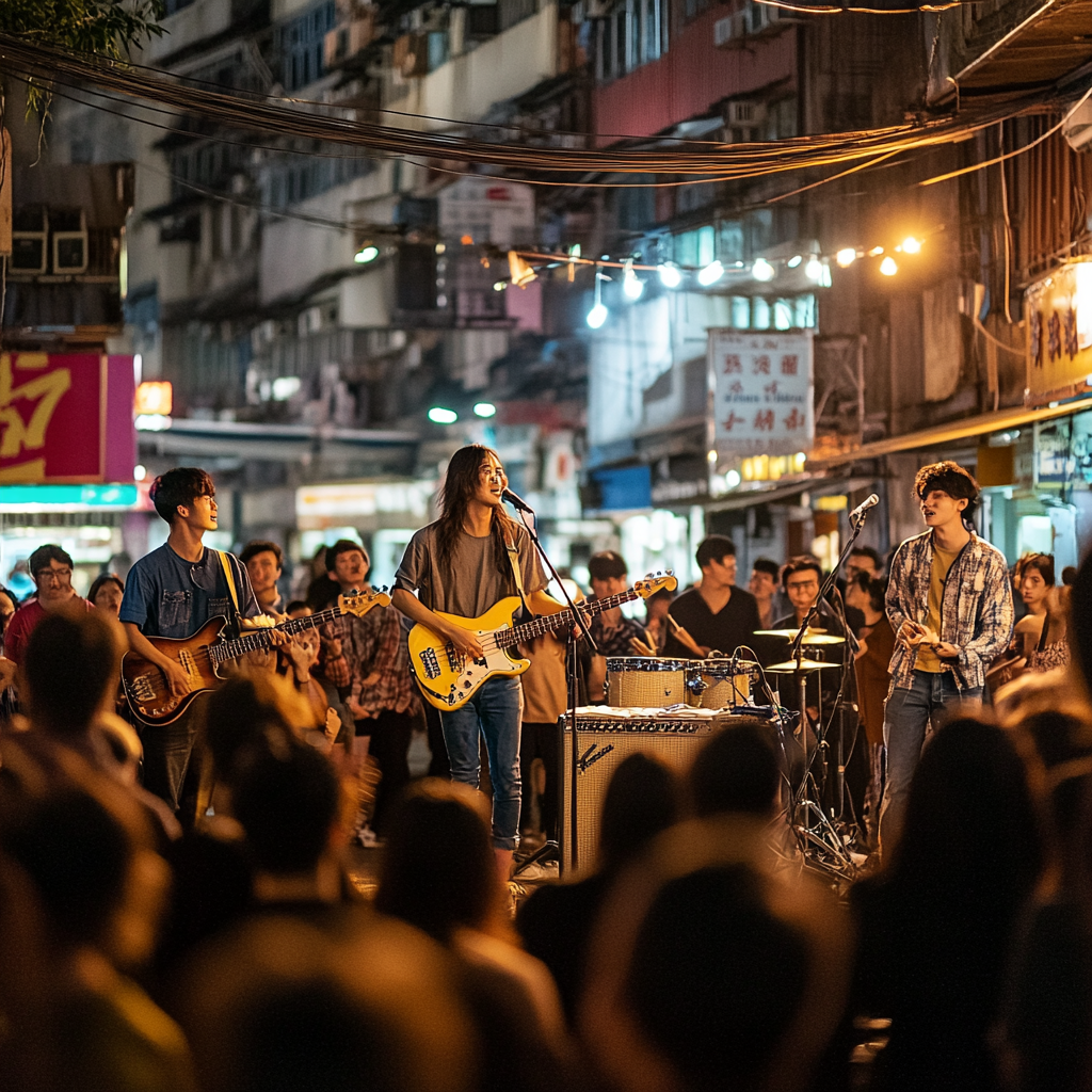 Young people enjoy live music on colorful stage.
