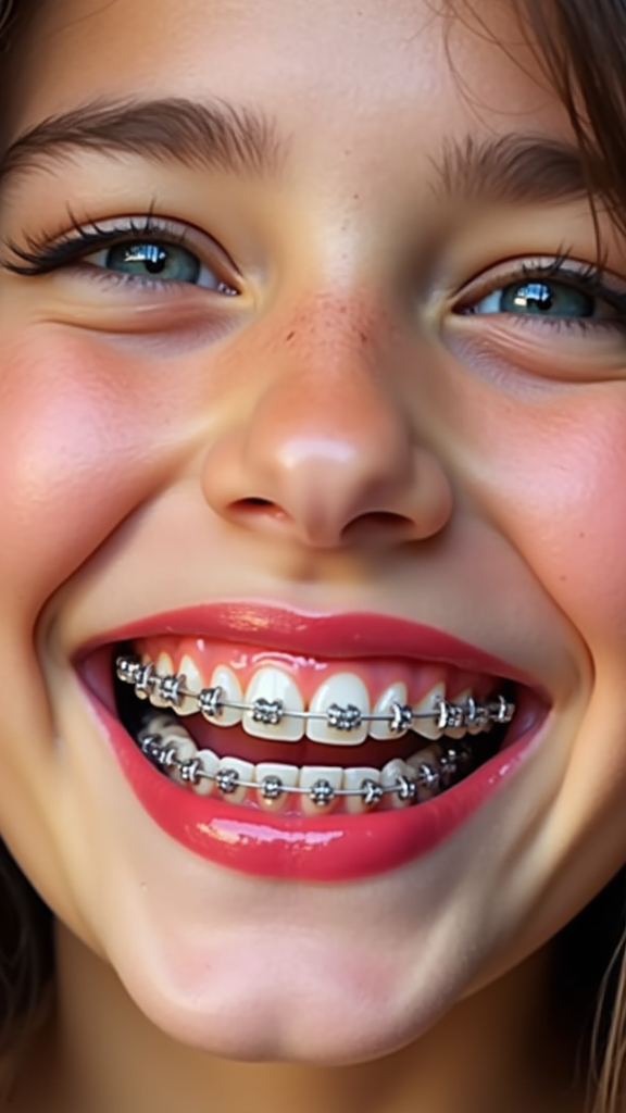 Young person smiling with braces, vivid makeup