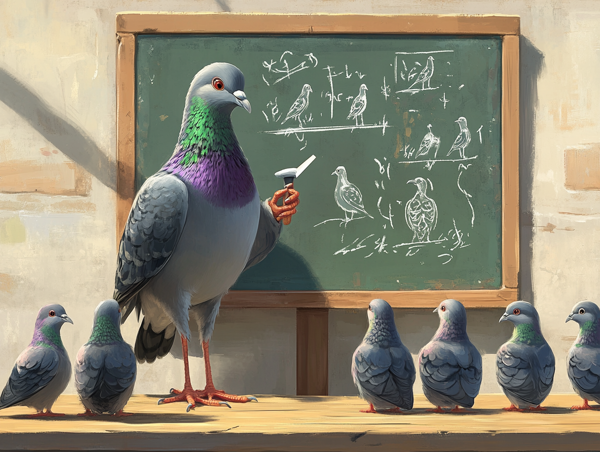 Young pigeons learn bird anatomy in classroom.