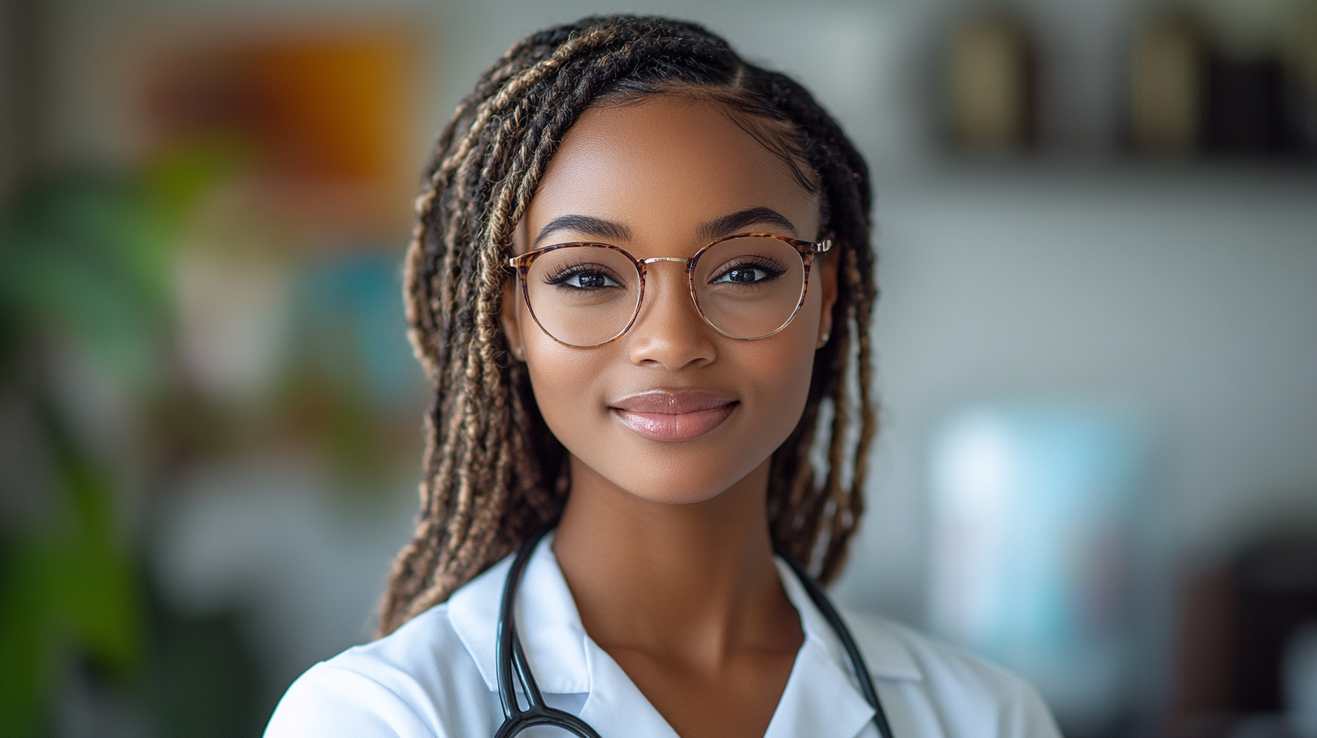 Young pretty doctor, American woman, smiling, clear background.