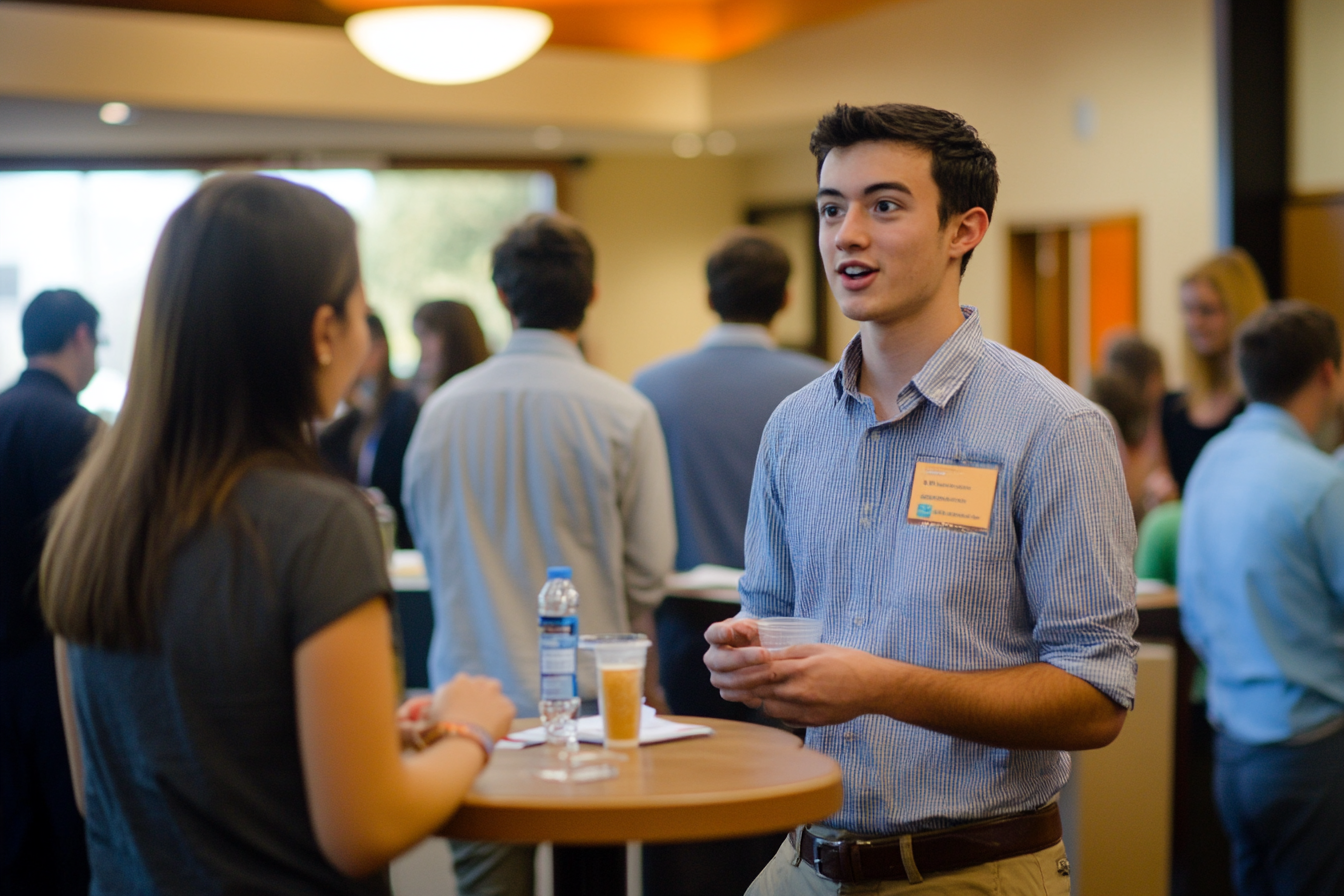 Young professionals networking at tech event