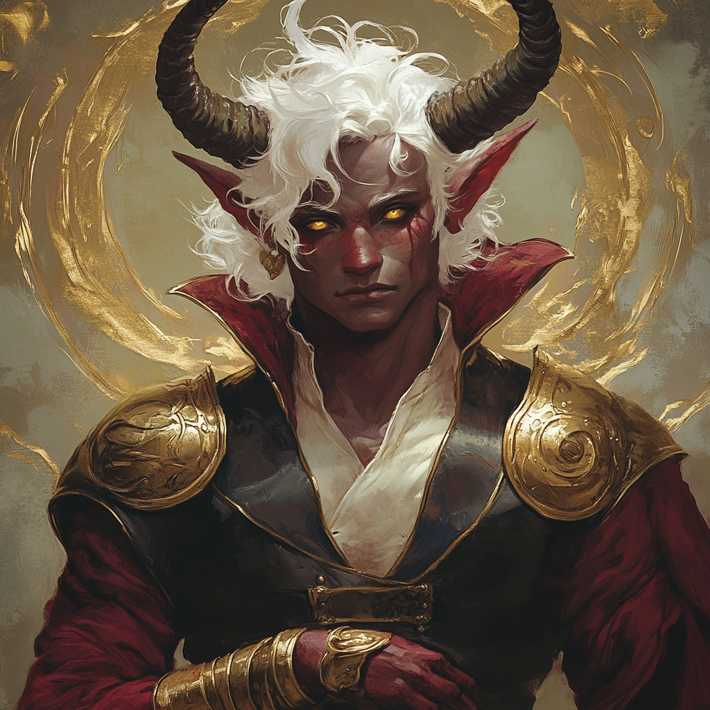 Young red tiefling warlock with gold plates, confident.