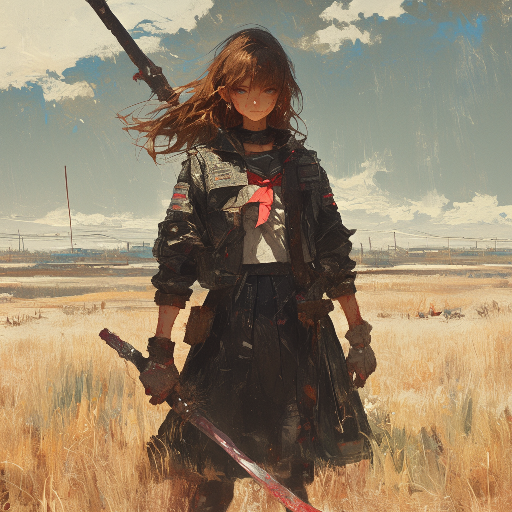 Young schoolgirl in post-apocalyptic wasteland, torn uniform, weapon.