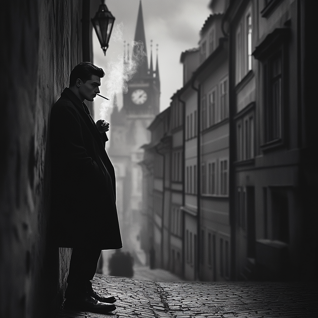 Young spy agent watching Prague street smokes cigarette.